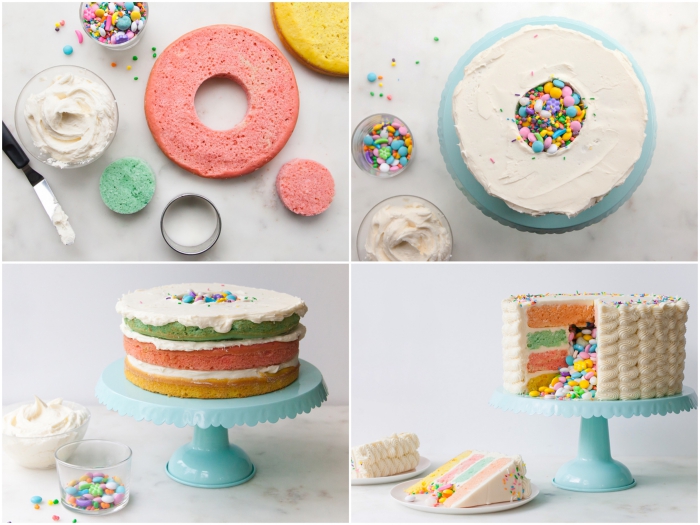 montage-gâteau-surprise-pinata-aux-smarties-génoises-de-couleur-glaçage-pétales-crème-au-beurre la technique de montage d'un gâteau surprise, composé de quatre génoises de couleurs différentes avec un centre vide rempli de smarties