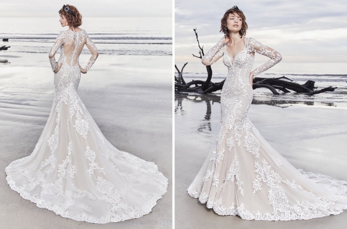 motifs-de-dentelle-robe-avec-longue-traîne-en-tulle-collection-dakota-sottero-midgley-décolleté-en-v-jupe-cintrée-robe-mariée-dentelle coiffure de mariée pour cheveux mi-longs ou courts avec diadème noire, modèle de robe de mariée sirène avec décolleté