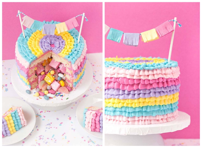 pinata-cake-aux-sucreries-décor-glaçage-à-la-poche-à-douille-cake-topper-bannière-en-papier-frangé idée pour un gateau pinata d'une jolie décoration de plusieurs couleurs de glaçage, rempli de bonbons gélifiés