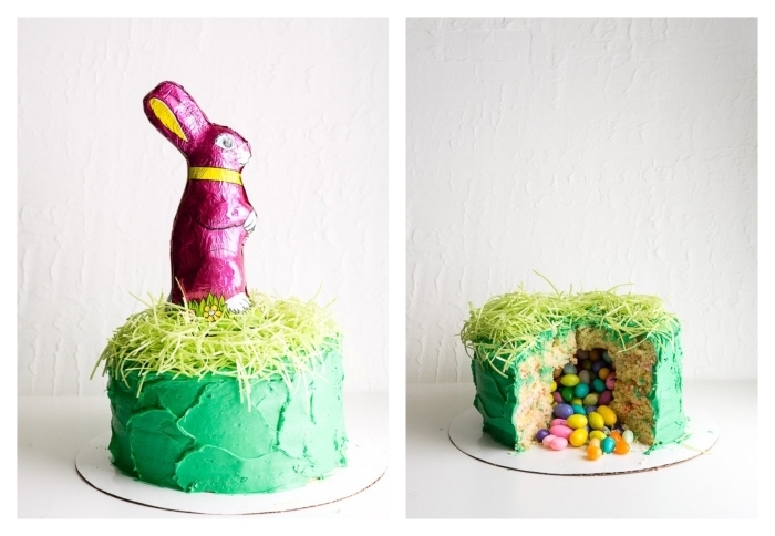 pinata cake original de pâques recouvert de crème pâtissière verte et décoré avec un lapin au chocolat qui renferme des œufs en chocolat