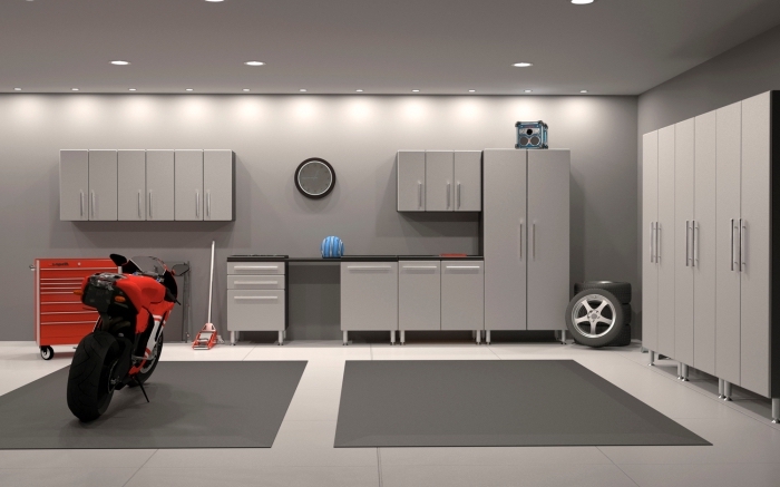 design intérieur moderne dans un garage gris avec meubles de rangement et emplacement voitures, déco moderne garage