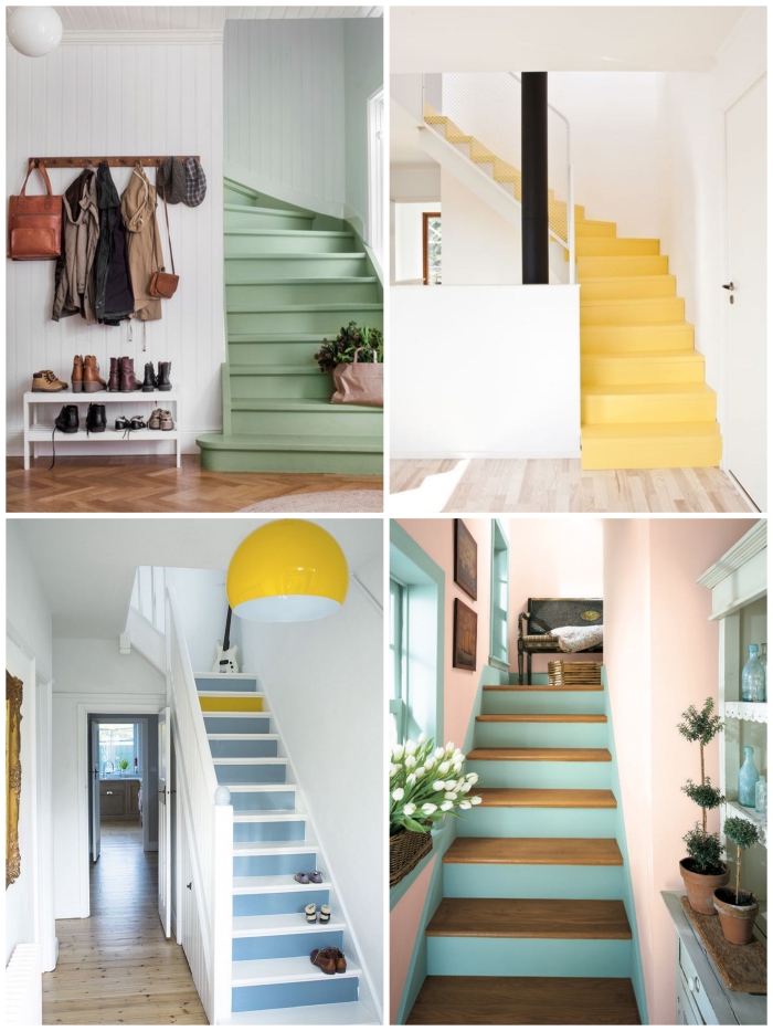 de quelle couleur peindre un escalier pour lui donner de la fraîcheur, exemple d'escaliers peints intégralement en couleur vitaminée et d'escaliers dont les contre-marche ont été peints seulement 
