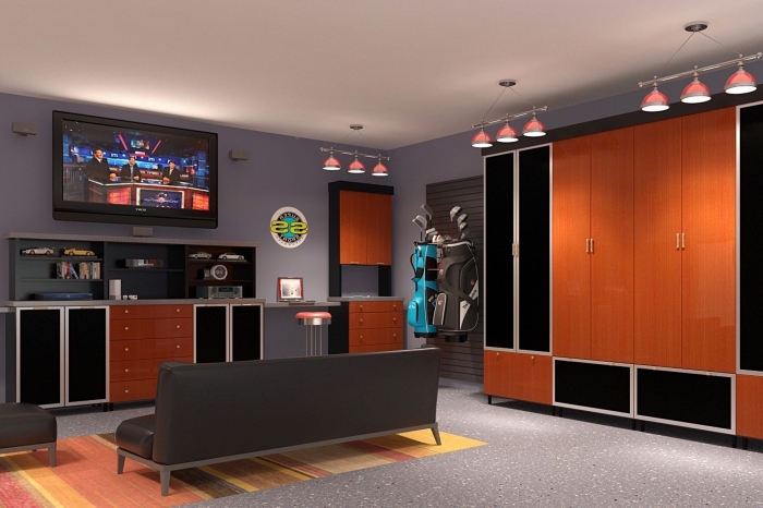 transformation du garage en salle de jeux, idée meuble garage foncé, armoires noir et bois, étagères murales foncées