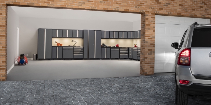 comment optimiser l'espace dans un garage, modèle rangement garage d'angle, emplacement voiture et armoires pour outils