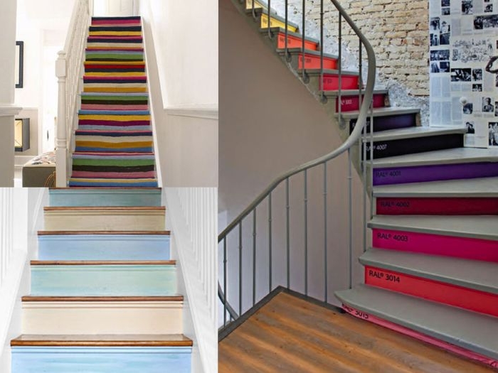 idée de renovation escalier bois facile et originale, contremarches peintes en couleurs différente de panton