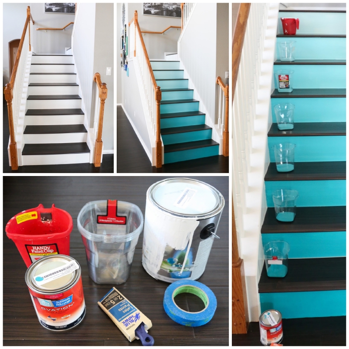 comment peindre un escalier en bois en dégradé de couleur, peinture d'effet ombré sur les contremarches en contraste avec le reste de l'escalier peint en blanc