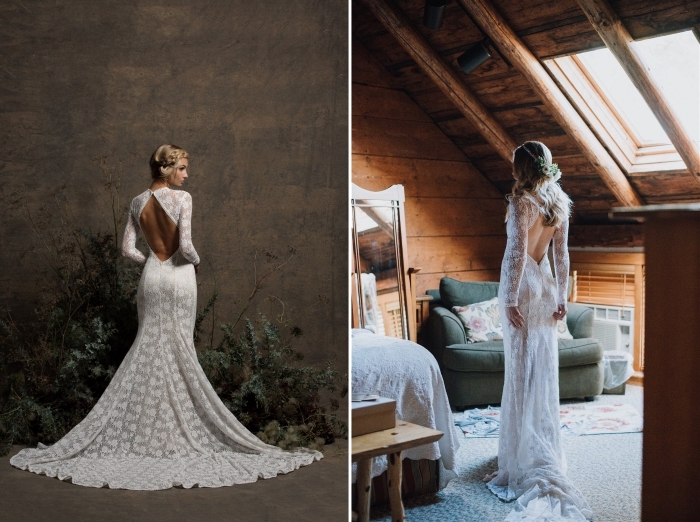 robe-mariée-bohème-mode-femme-collection-kristenlace-tenue-mariage-bohème-chic-coupe-sirène-dos-nu-en-forme-losange-manches-trasparentes-avec-motifs-dentelle mode nuptiale 2019, modèle de robe mariée dentelle à dos nu en losange avec manches longues et traîne à motifs dentelle