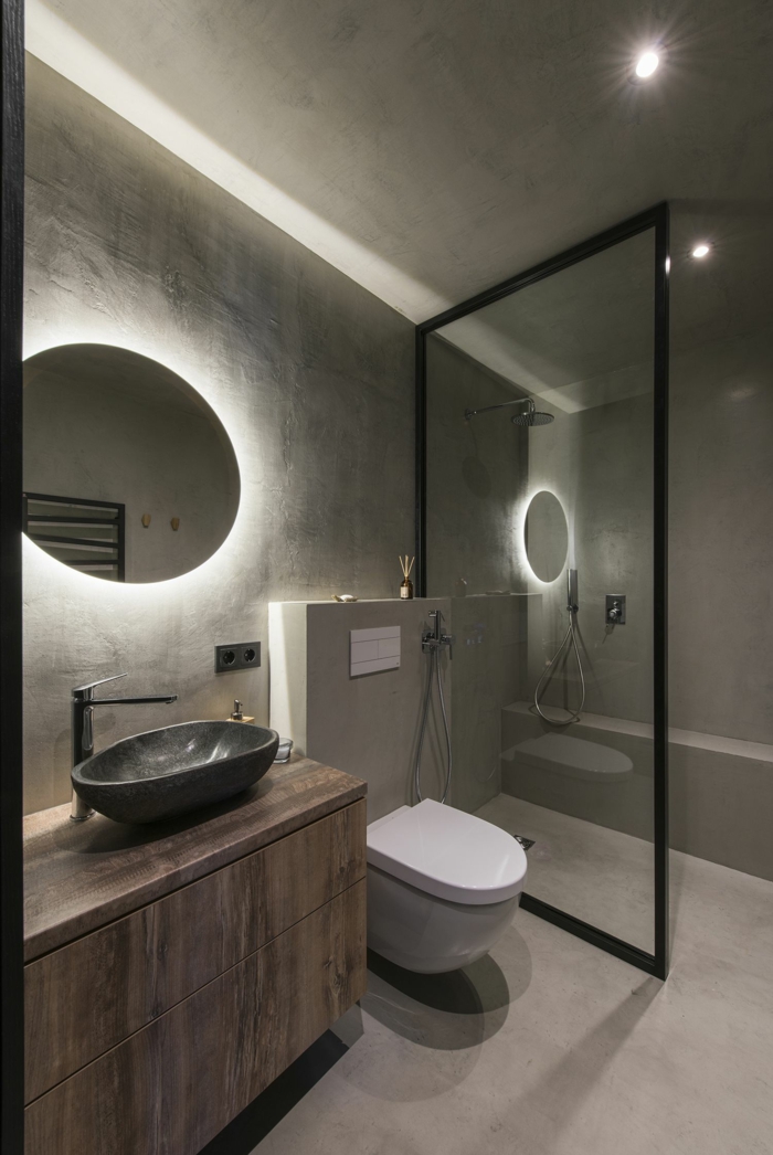 Le meuble salle de bain sur pied, décoration salle de bain style scandinave, cool idée pour personnaliser la salle ronde miroir avec led lumière