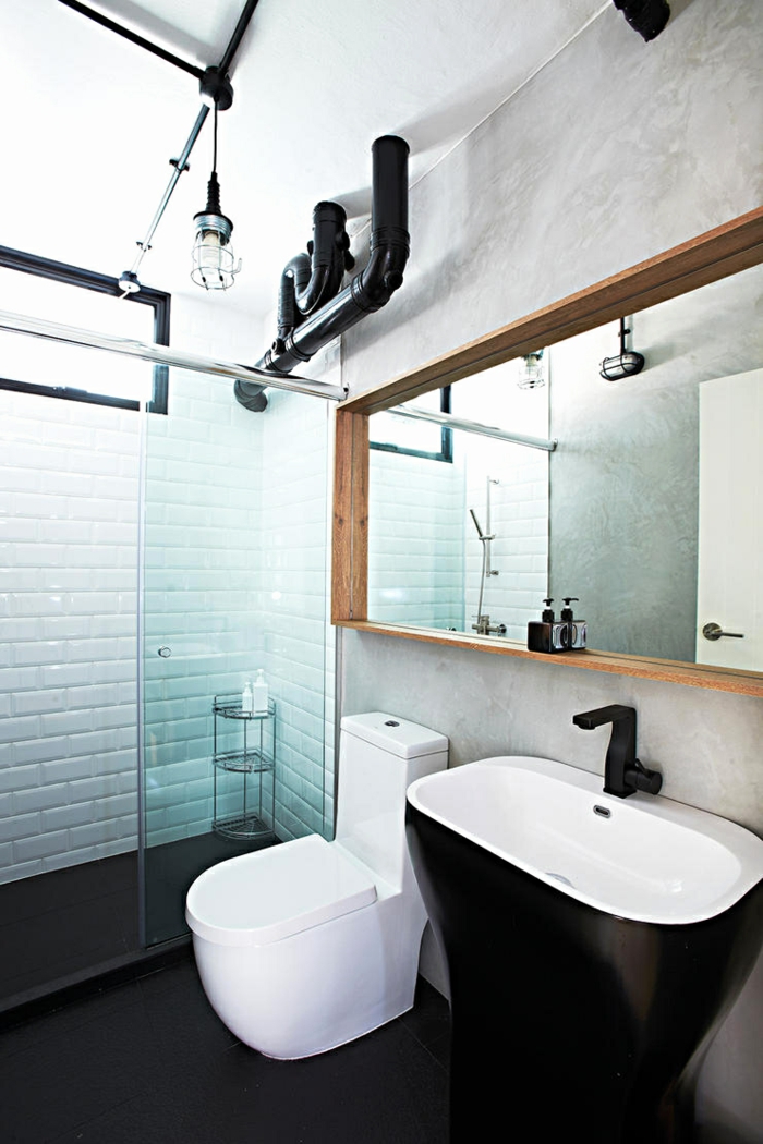 Chouette decoration industriel meuble salle de bain industriel déco salle de bain original lavabo salle de bain blanc et noir, miroir bois cadre 