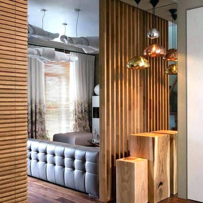 séparateur de piece intérieur en bois verticale type claustra design pour salon cuisine, exemple de séparation bois design