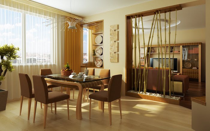 cloison de bambou, installé sur des planches de bois, idee comment séparer un salon et salle à manger beige et marron