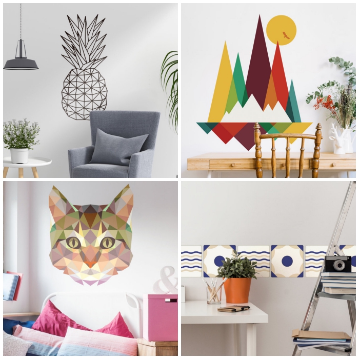 modèles de stickers décoratifs muraux au design géométrique pour donner une touche moderne aux murs du salon, stickers ananas et montagne stylisés, jolie frise murale autocollante et sticker tête de chat origami