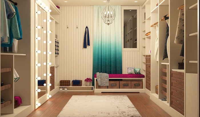 Idée déco chambre parentale dressing angle inspiration décoration banc pour s assoir rideaux colorés 