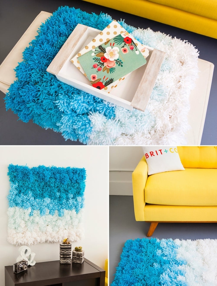 décorer son intérieur avec une déco diy, tapis diy en deux couleurs, cartes, sofa jaune, coussin déco