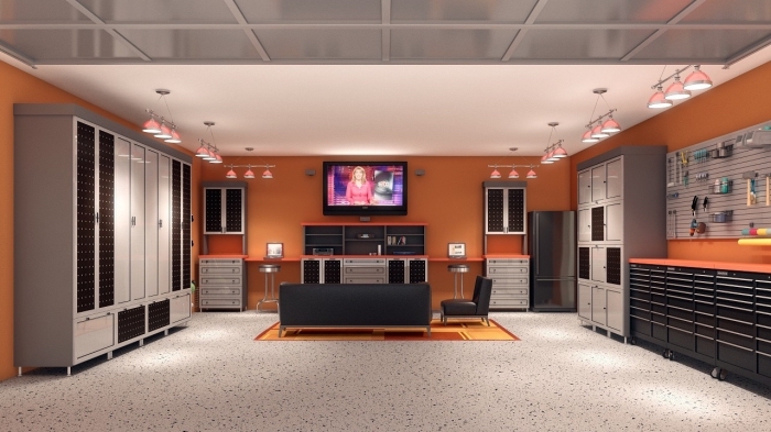 exemple comment amenager son garage, design intérieur moderne dans un garage aux murs oranges avec meubles gris et noir