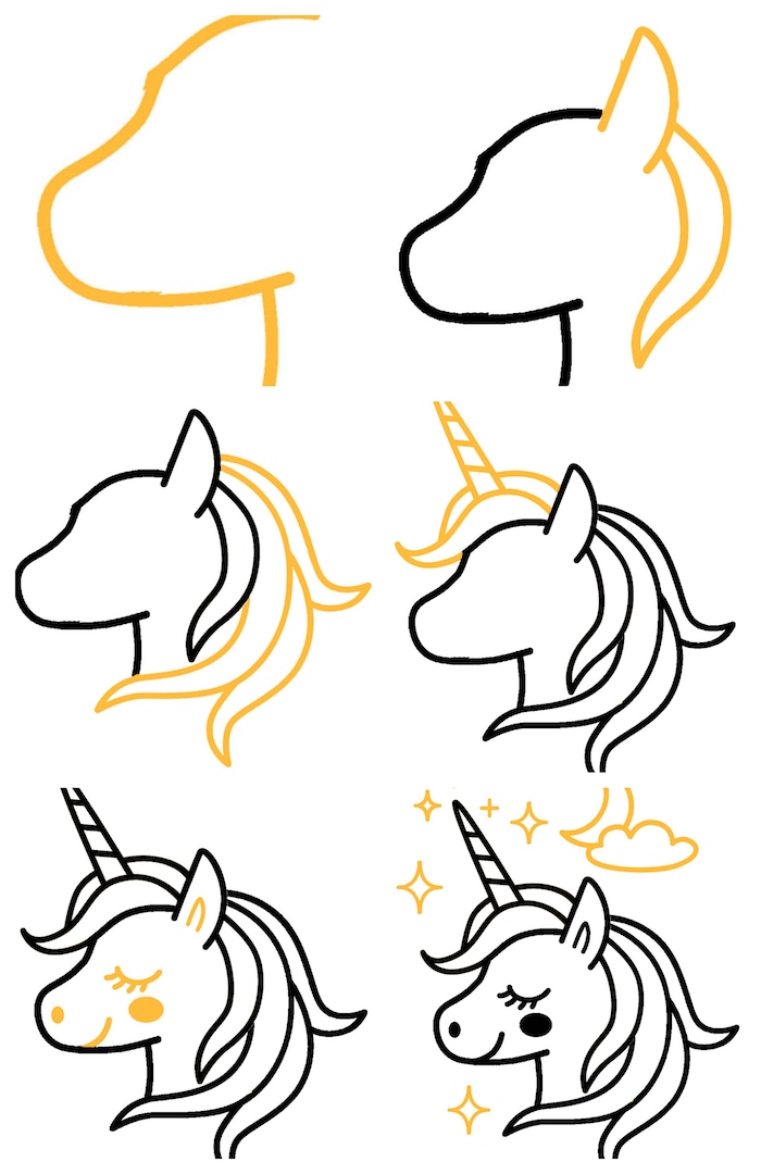 idee dessiner une licorne maternelle simple, dessiner une licorne pas à pas tuto enfant facile