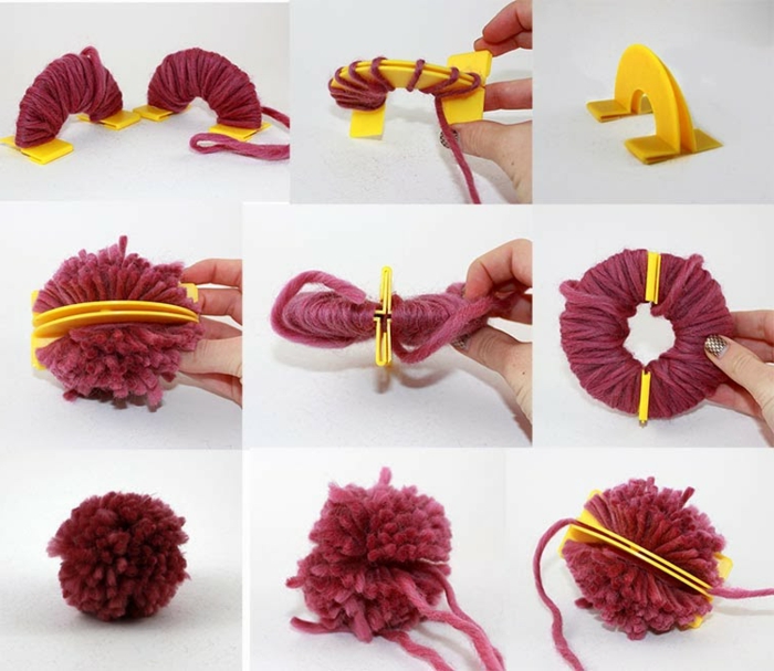 technique pour créer des pompons, pompons rouges créés avec appareil à pompon jaune