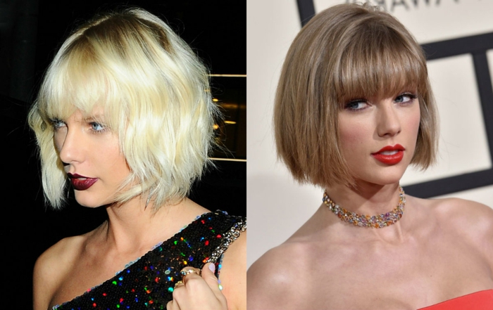 Taylor Swift avec coupe au carré et les cheveux blonds, carré ondulé, carré lisse, collier statement coloré