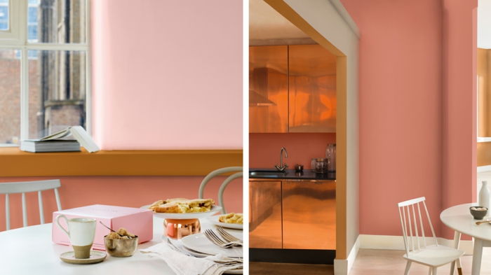 couleurs pimpées dans l'intérieur, mur couleur rose ou pêche, déco espace scandinave, tasses et ustensiles en blanc et cuivré