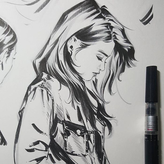 idée de dessin de fille triste, image graphique en noir et blanc, fille cheveux longs volumineux, veste en jean