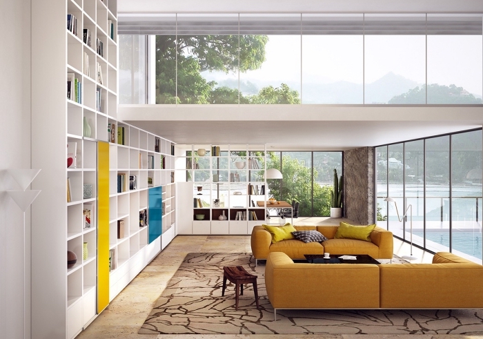 design intérieur salon blanc moderne avec meubles bois blanc, modèle de canapé jaune moutarde en velours ou cuir