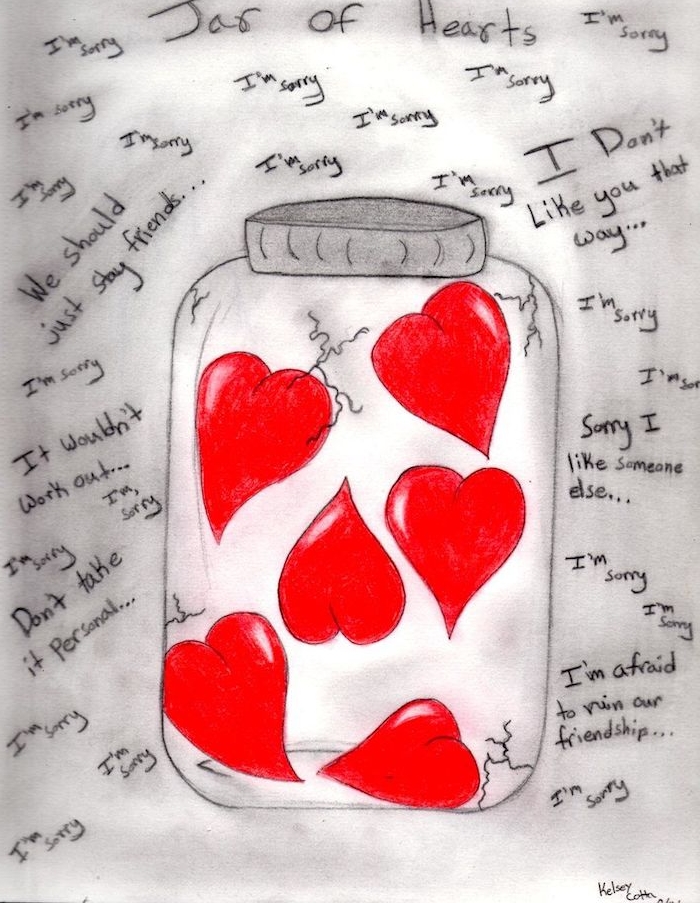 dessin d'amour, idée de coeurs rouges renfermés dans un bocal avec petits textes sur l amour autour, image saint valentin amour