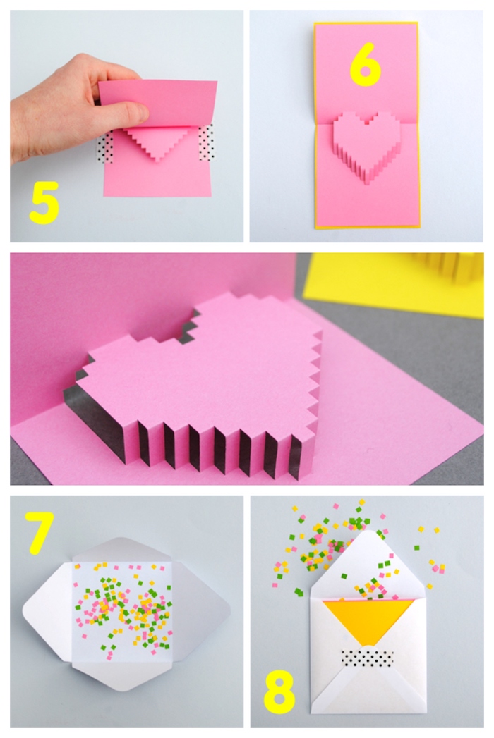 tutoriel pour fabriquer une carte diy bricolage saint valentin en papier rose, dans une enveloppe blanche avec confettis colorés surprise