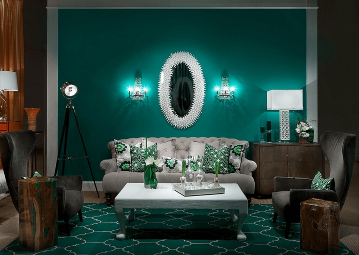 choix peinture salon aux murs vert turquoise, exemple décoration intérieur avec objets et accessoires de couleur vert