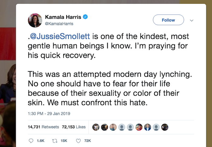 capture écran twitter de la sénatrice de Californie kamala harris qui a également réagit à l'actualité sur Jussie Smollett