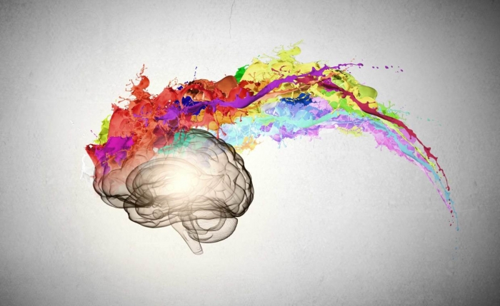 Image de cerveau avec explosion de couleurs, stimulation de la créativité, dessin graphique, activité cérébrale en paroles