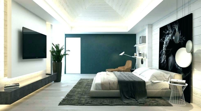chambre à coucher moderne, tapis gris, lit plateforme, tv montée, photographie artistique, couleur mur chambre vert