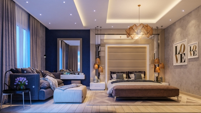 idée déco chambre parentale moderne, sol en planches de bois, sofa moderne, lit marron et tête de lit beige, plafonnier sophistiqué