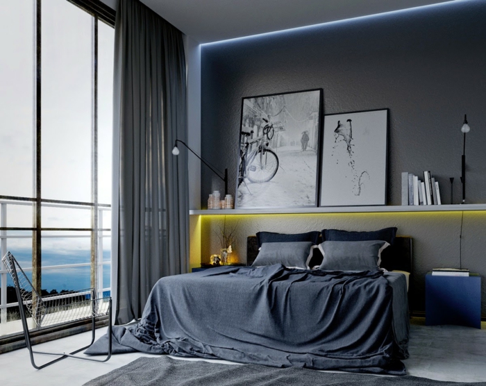 chambre masculine, chambre en gris et blanc, lit gris, rideaux gris, grande fenêtre, peindre une chambre en gris, étagère au-dessus du lit