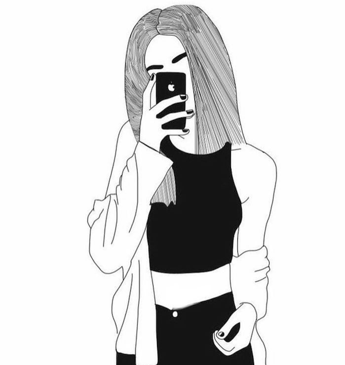idée dessin de fille en noir et blanc avec cheveux longs, tenue noire, fille qui prend un selfie dans le miroir