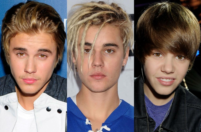 les coupes de Justin Bieber, cheveux bien lissés en arrière, coiffure en tresses cheveux blonds, cheveux séchés dn avant