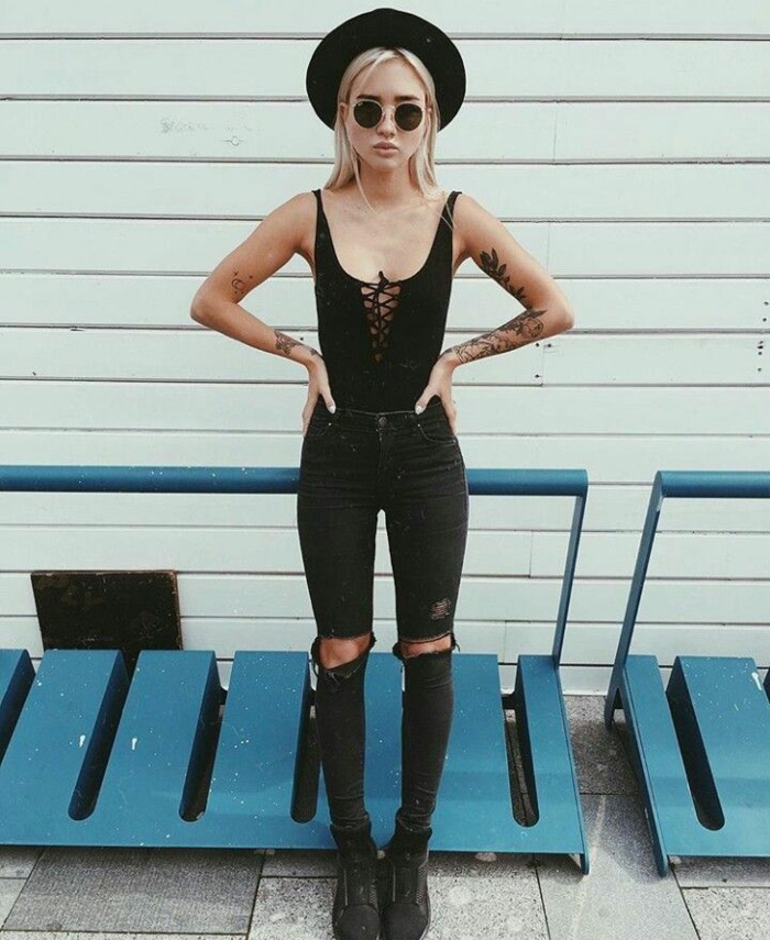 Grunge streetwear femme tumblr, girl style tendance 2019, mode femme lunettes rondes et chapeau grande 