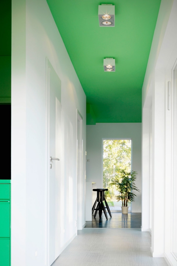 déco couloir étroit tout blanc rendu visuellement plus large grâce au vert vitaminé sur le plafond