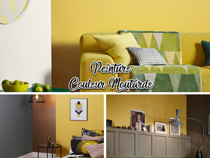 objet deco jaune, peinture murale salon ou chambre à coucher tendance 2019, peinture murs bicolore jaune et blanc