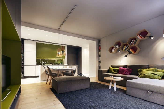 design intérieur style contemporain, modèle de salon blanc avec meuble et accessoires de tons verts et gris clair