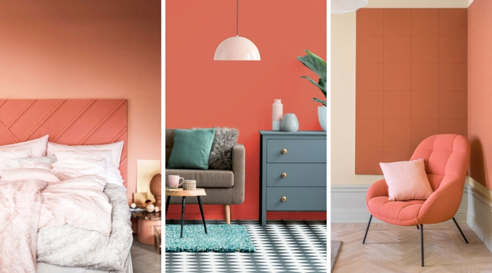 trois décors avec couleur de l'année 2019, mur pêche, tête de lit pêche, commode bleu colombe, sofa gris, fauteuil rose, peinture murale tendance
