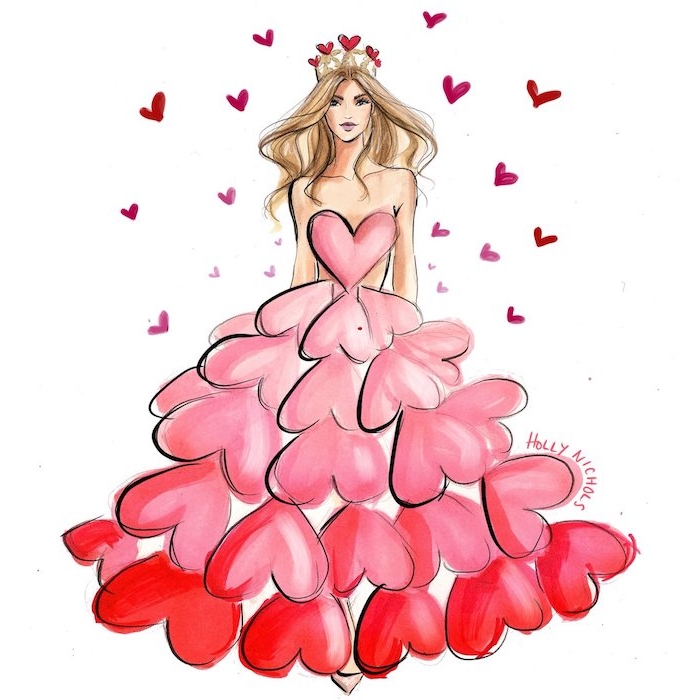 idée de robe de coeurs rouge et rose sur le corps d une jolie femme modele, couronne de coeurs et petits coeurs autour