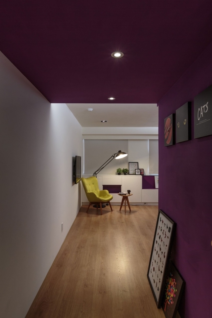 deco couloir moderne au mur et plafond peints en violet qui donne sur un salon blanc moderne, déco couloir avec un mur de cadres noirs