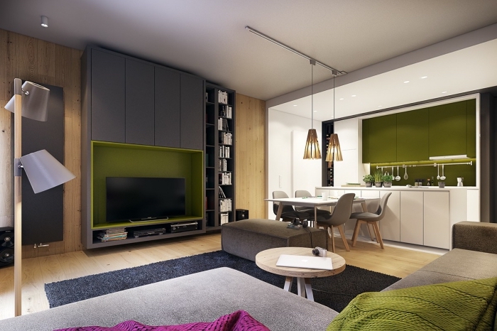 déco de salon moderne en gris et bois avec meuble rangement tv en couleur olive, modèle de cuisine blanc et vert