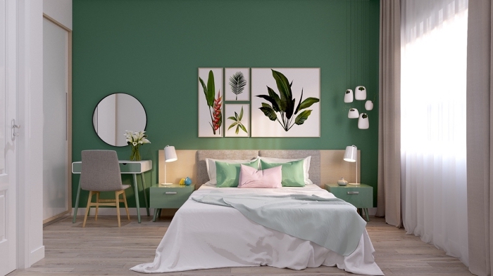 idée peinture chambre à coucher adulte moderne, pièce blanc et bois avec mur vert, modèle de grand lit avec meuble de chevet vert