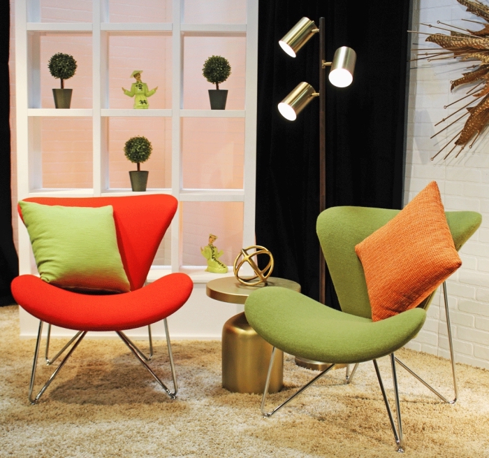 déco salon moderne avec tapis moelleux beige et revêtement mural à imitation briques blanches, modèle chaise verte