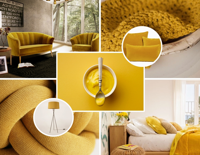 tendance déco 2019 avec objets ou peinture jaune, couleur moutarde dans la déco, modèle de canapé en velours jaune et bois
