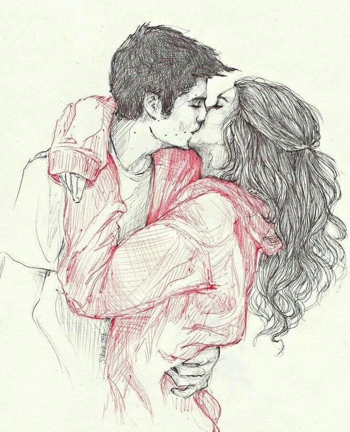 idée comment dessiner une couple amoureux, garçon et fille qui s embrassent, pull rouge tee shirt garçon blanc