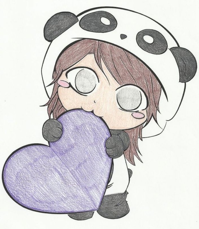 idée de dessin manga facile, petit bonhomme vêtu en costume de panda, coeur couleur violette dans les mains