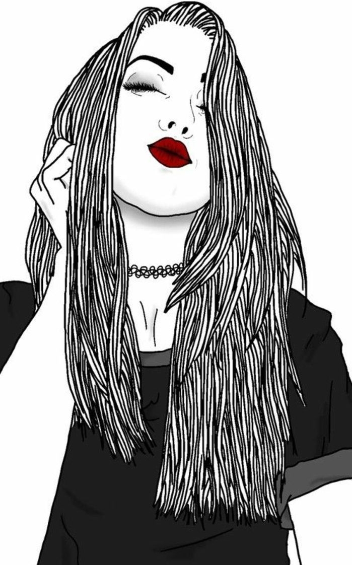 dessiner fille swag aux cheveux longs, portrait graphique tumblr outlines, rouge à lèvres rouge et tee shirt gris, image swag