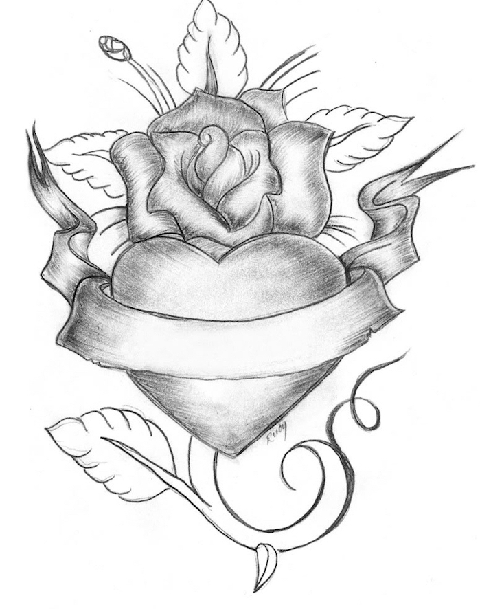 idée de dessin de coeur avec une fleur autour et un ruban, idée de dessin tatouage en noir et blanc original